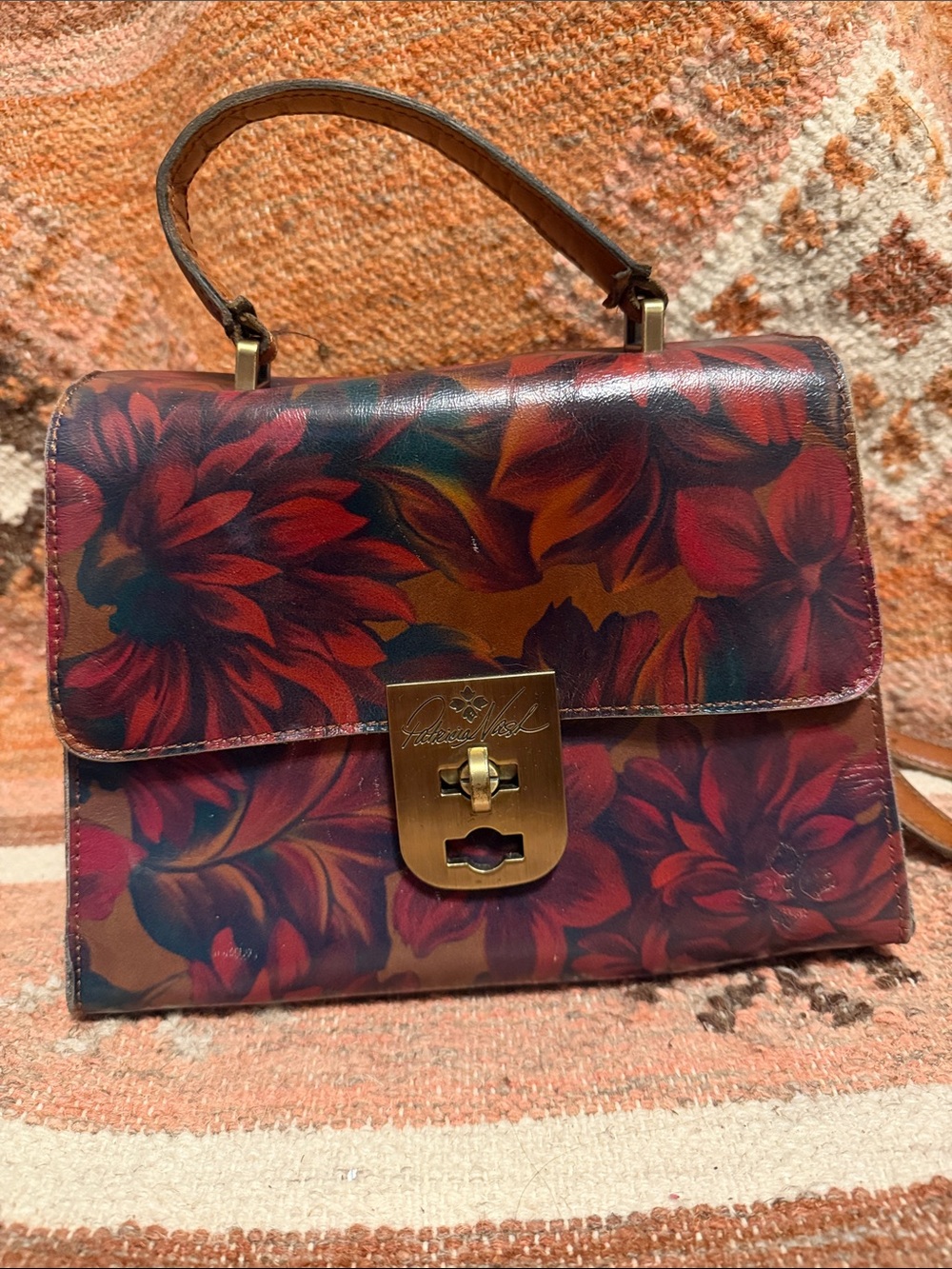 Patricia Nash Leather Chauny Poppy Red Forest Tan Print on All Sides